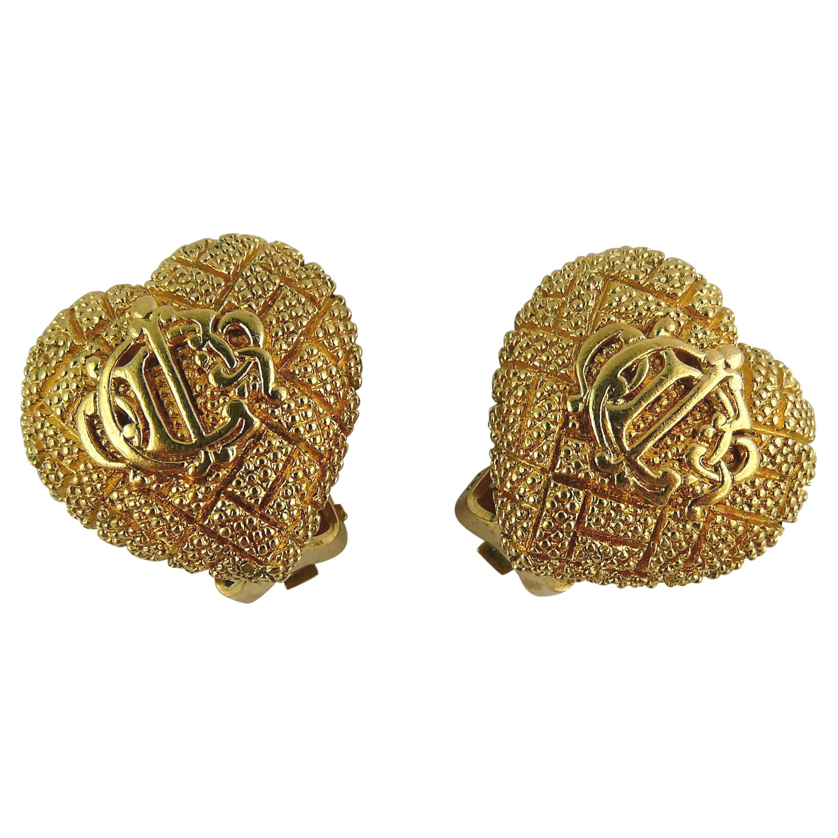 Christian Dior Vintage Logo Textured Heart Clip-On Earrings