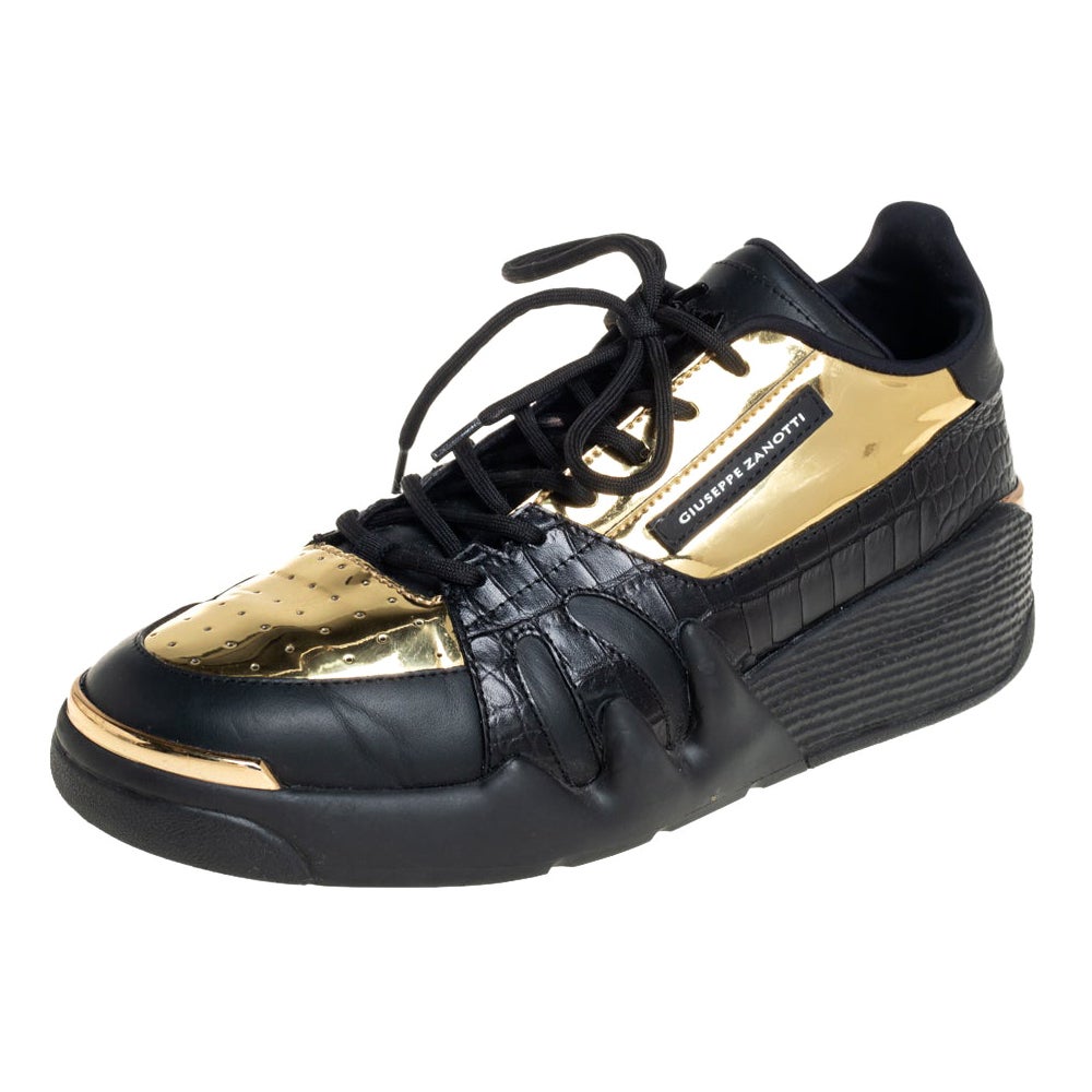 Giuseppe Zanotti Black/Gold Croc Embossed Leather Talon Low Top Sneakers Size 43