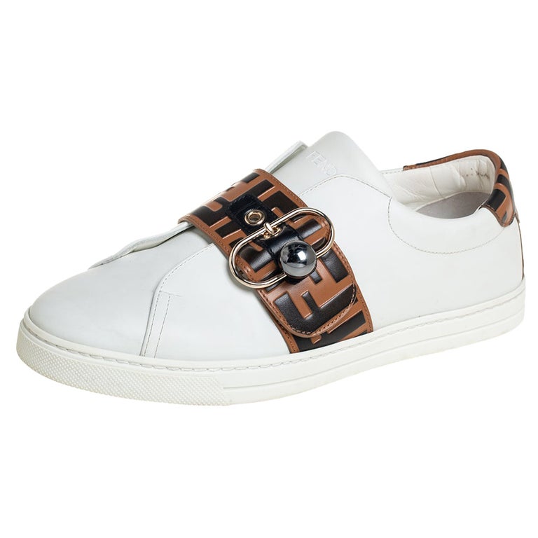 Fendi White/Beige Zucca Leather Low Top Sneakers Size 40 at 1stDibs
