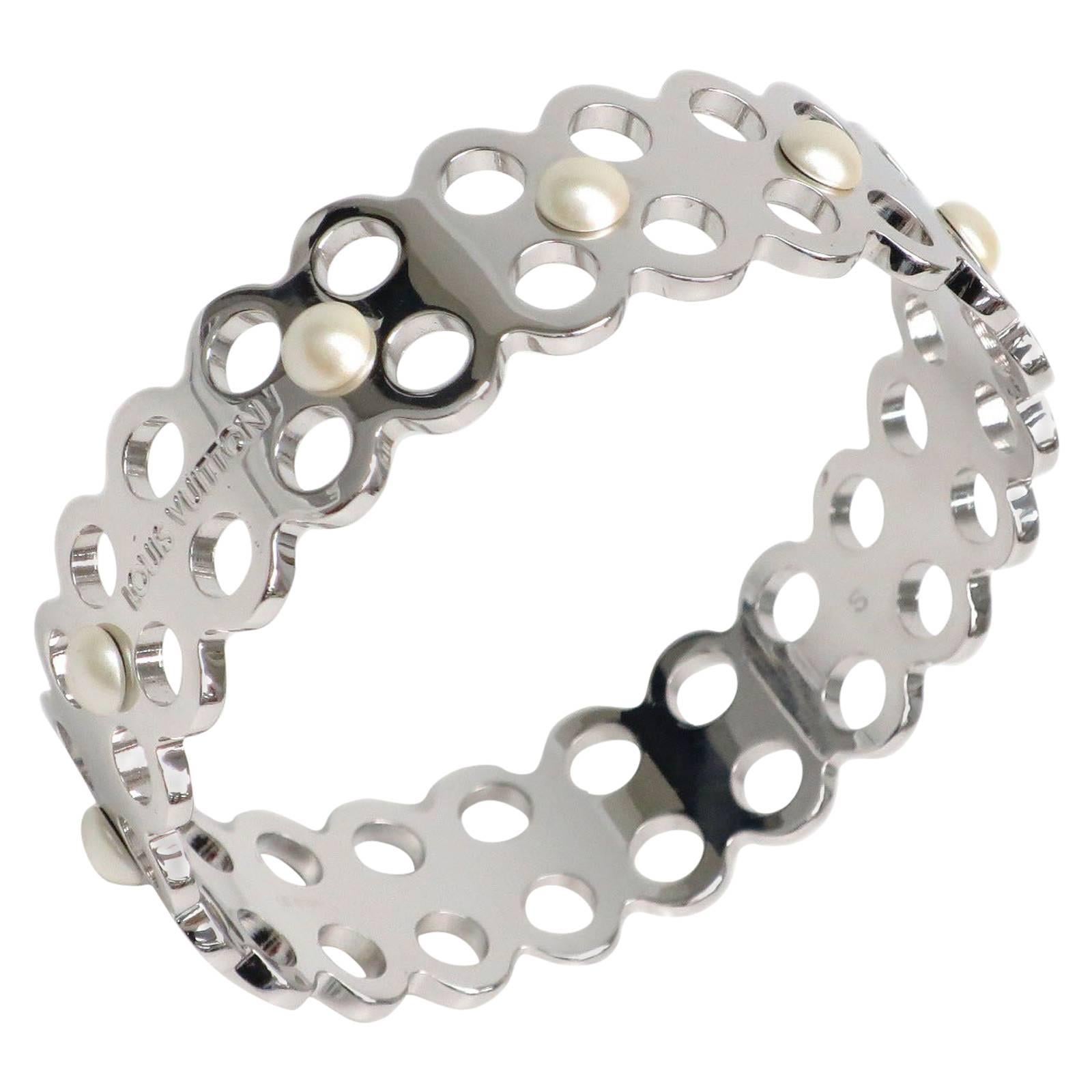 Louis Vuitton Silver Palladium Pearl Lattice Cuff Bangle Bracelet