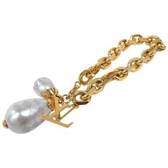 Louis Vuitton Monogram Damier Gold Pearl LV Charm Chain Link Bracelet in Box