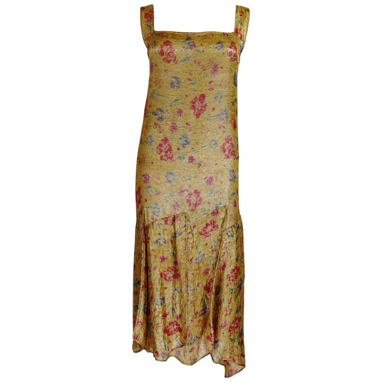 1920s Tiered Marigold Floral French Lamé Cocktail Dress For Sale at 1stDibs
