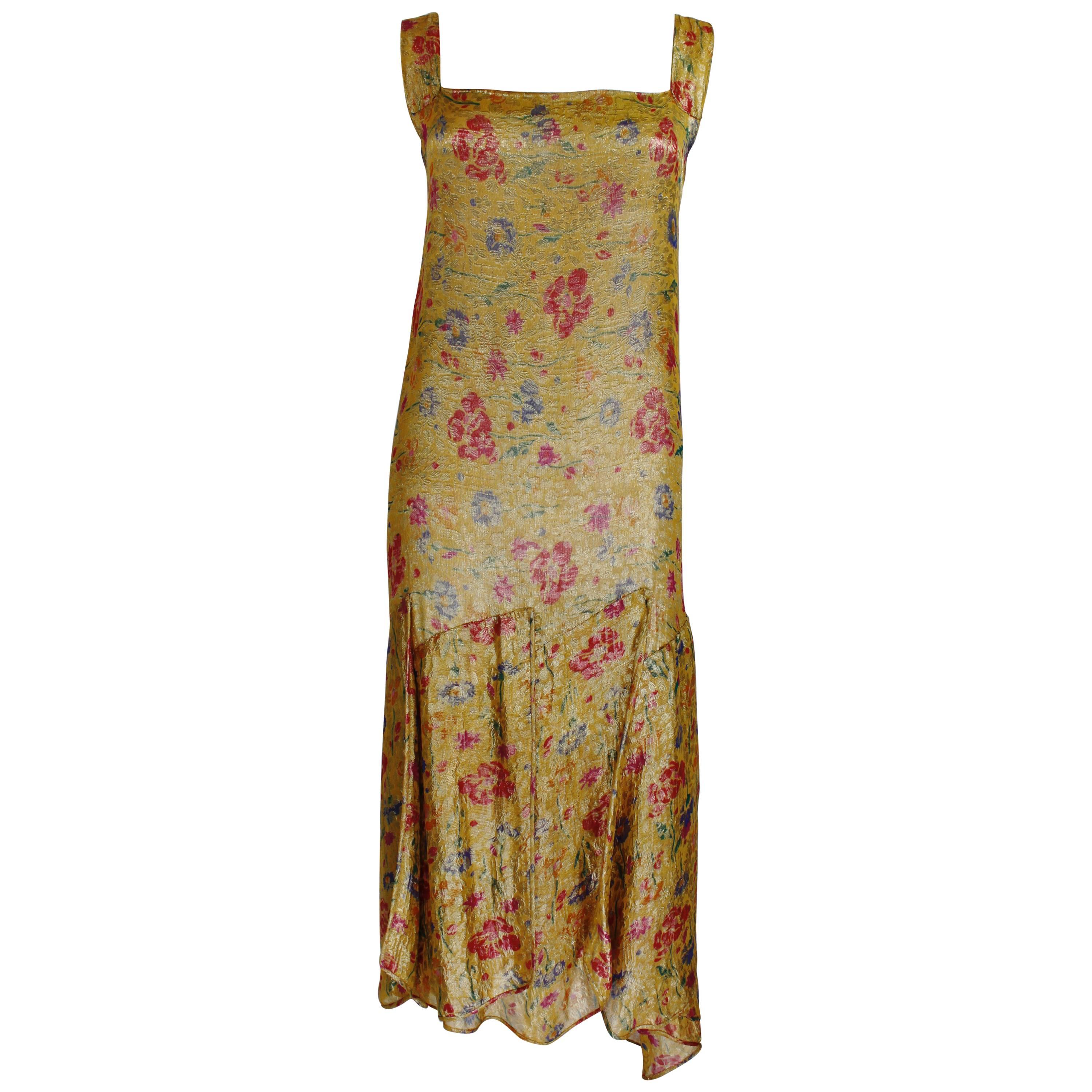 1920s Tiered Marigold Floral French Lamé Cocktail Dress For Sale