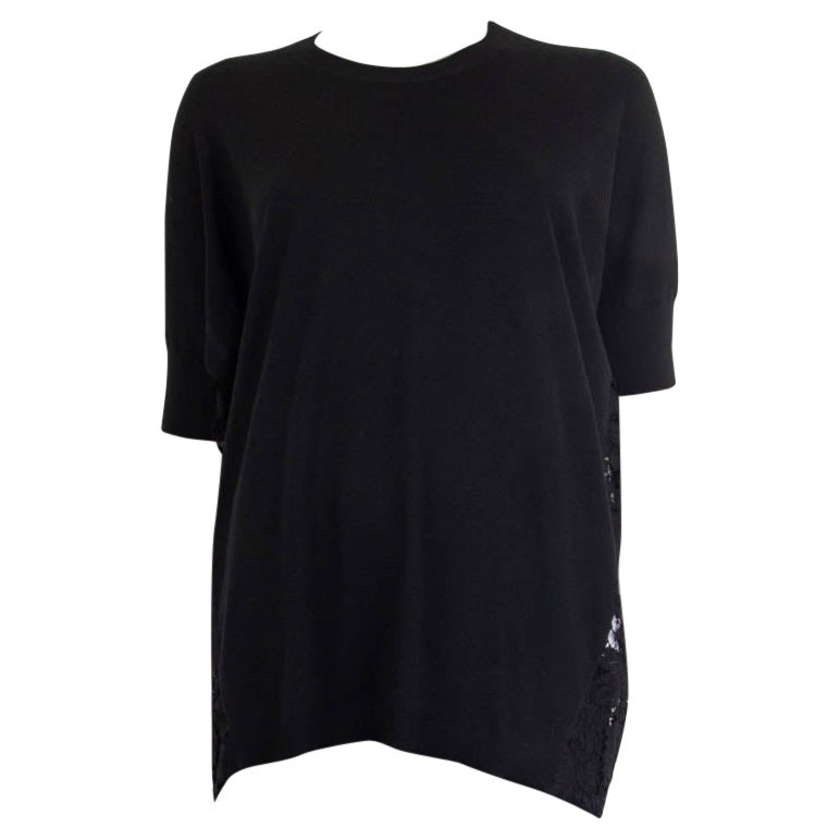 VALENTINO black cotton viscose KNIT & LACE Short Sleeve Shirt 44 L For Sale