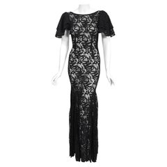 Vintage 1930's Black Stars Novelty Lace Flutter Sleeve Backless Bias-Cut Gown