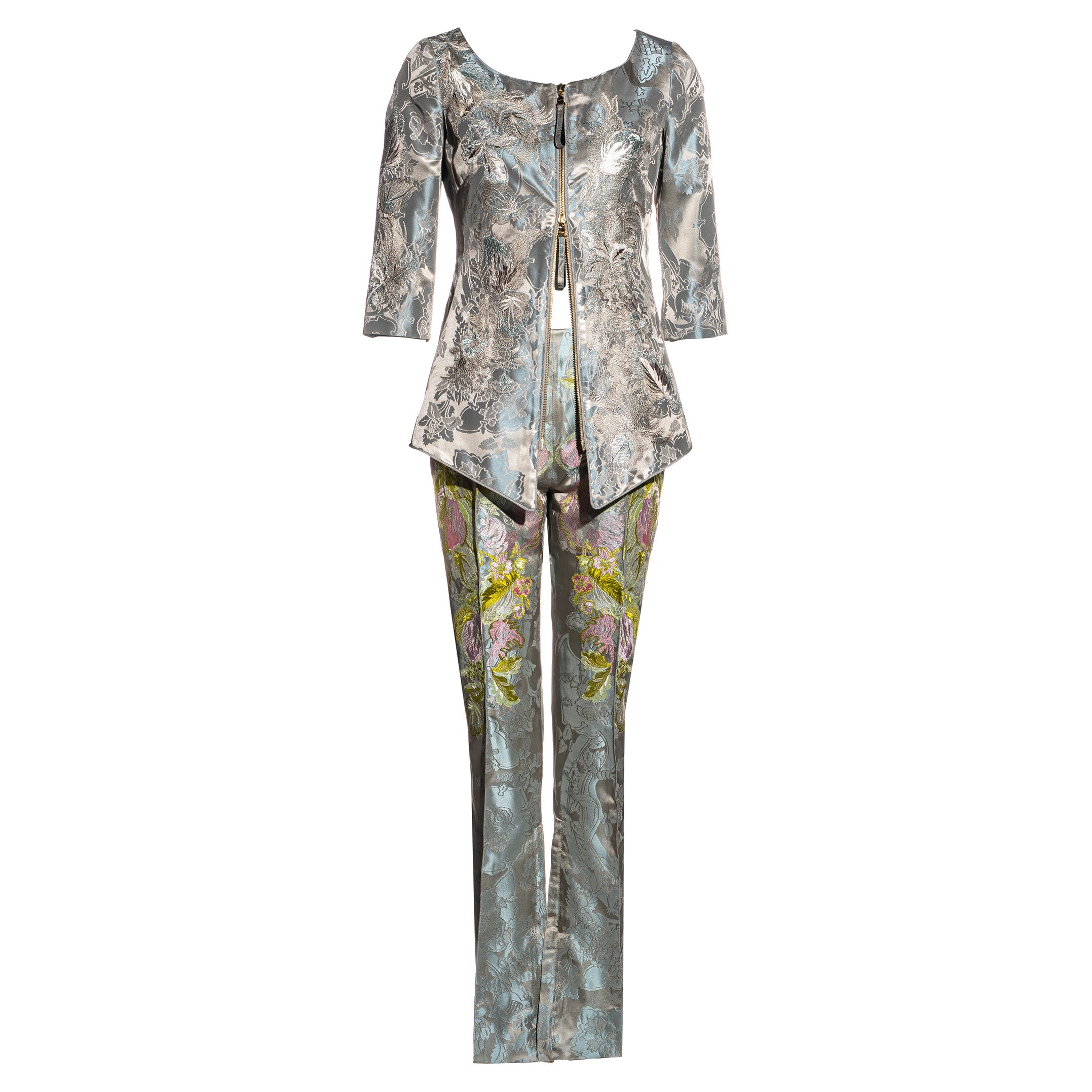 Gianfranco Ferre blue silk jacquard embroidered pant suit, ss 2000