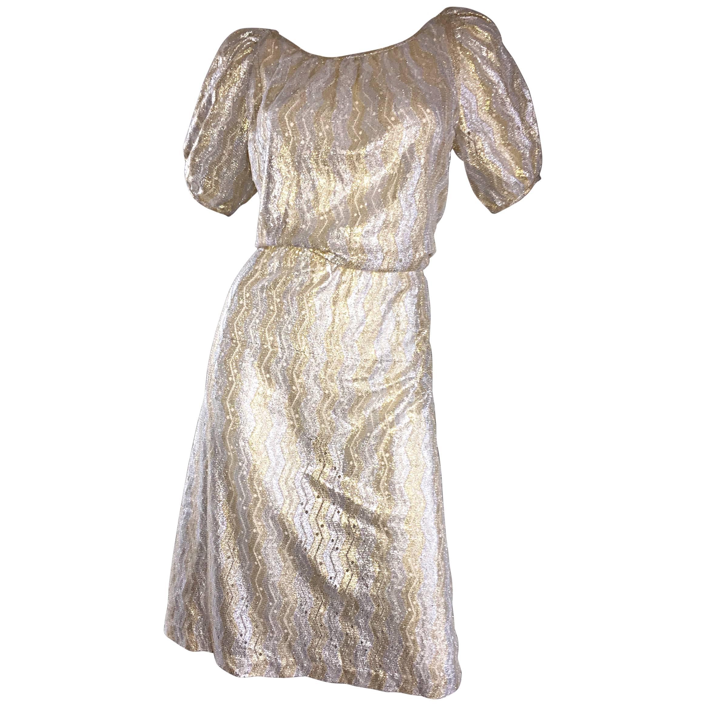 Vintage Sultana / Adini Silver and Gold Metallic Silk Crochet Short Sleeve Dress