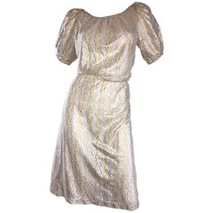 Vintage Sultana / Adini Silver and Gold Metallic Silk Crochet Short Sleeve Dress 12