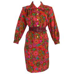 1970s YSL Electric Red Mod Floral Print Dress with Snakeskin Belt