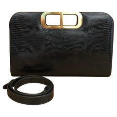 Vintage 1980s Christian Dior Black Lizard Two Way Clutch Shoulder Bag