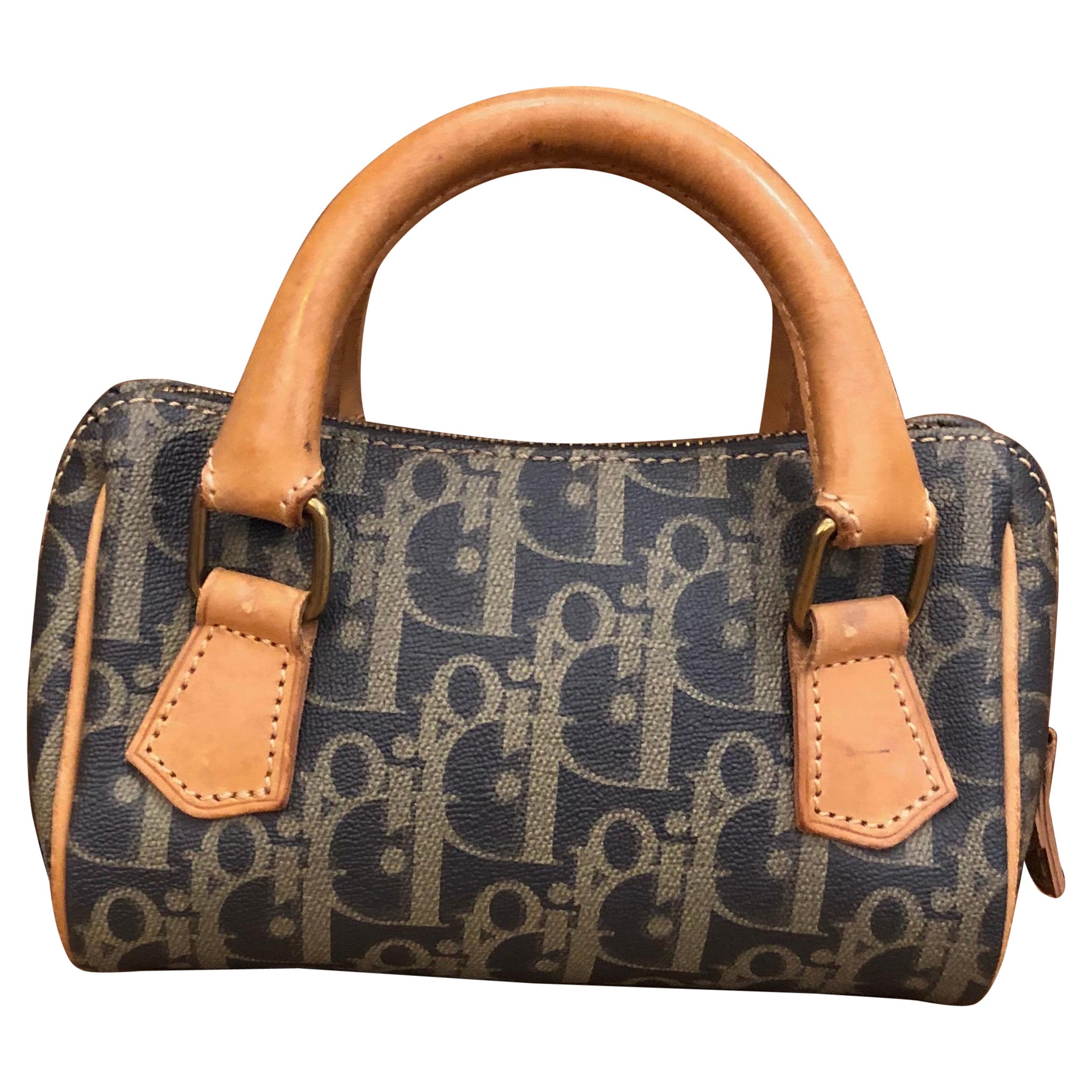Authentic Christian Dior Brown Trotter Print Canvas Boston Bag