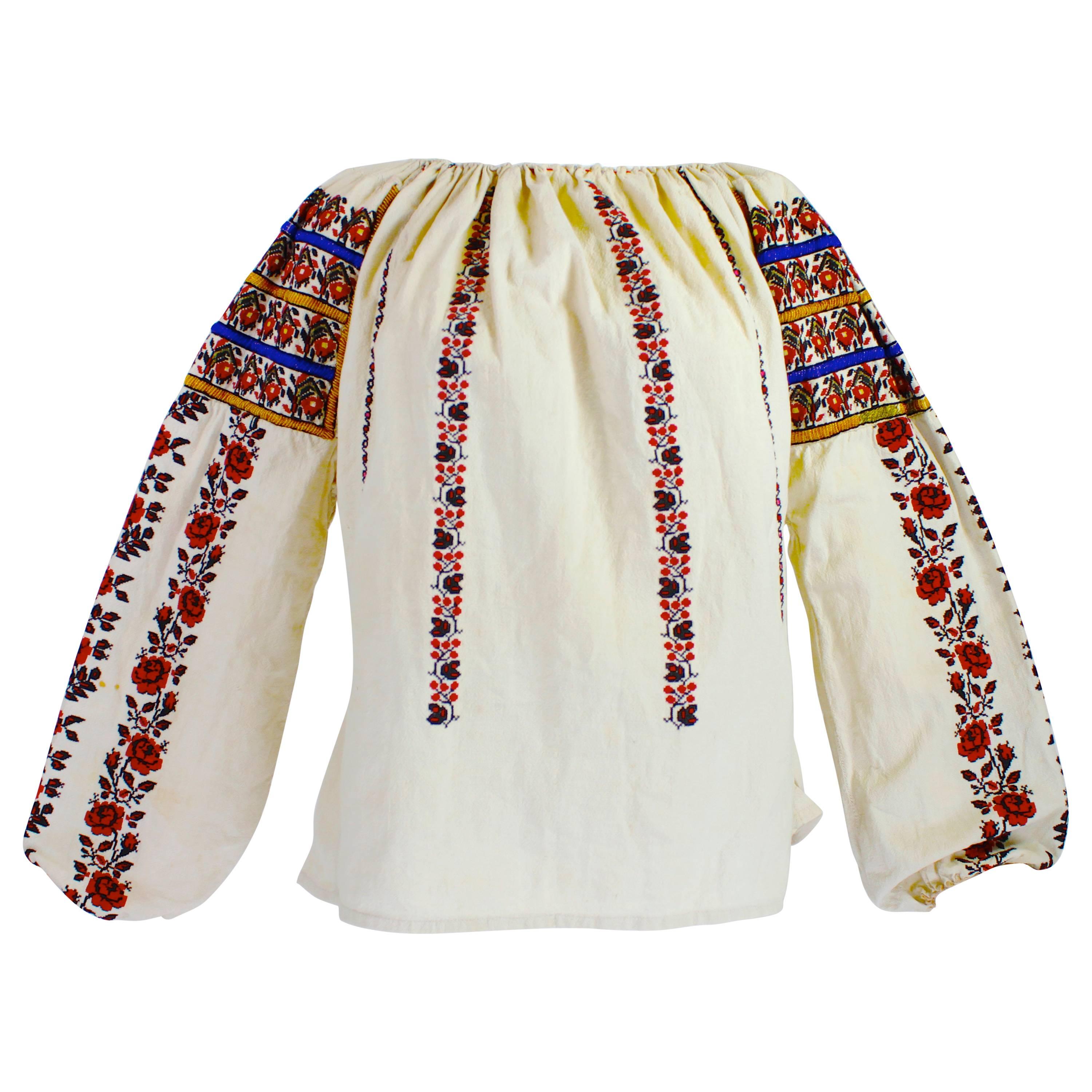 1930s Eastern European Geometric Floral Beaded and Embroidered Peasant Blouse
