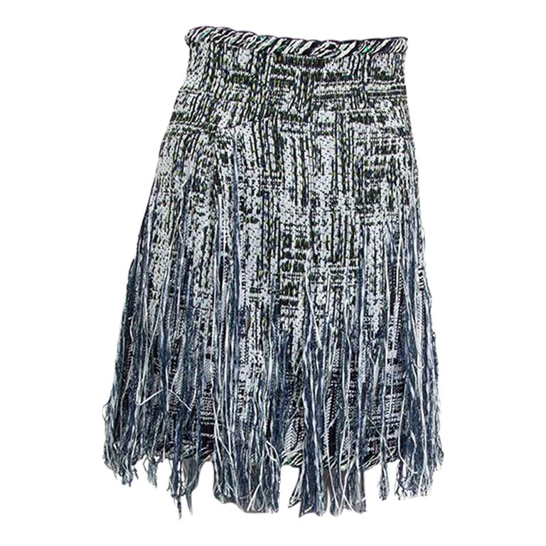 CHANEL green blue cotton 2018 LUREX FRINGE TWEED Skirt 38 S For Sale