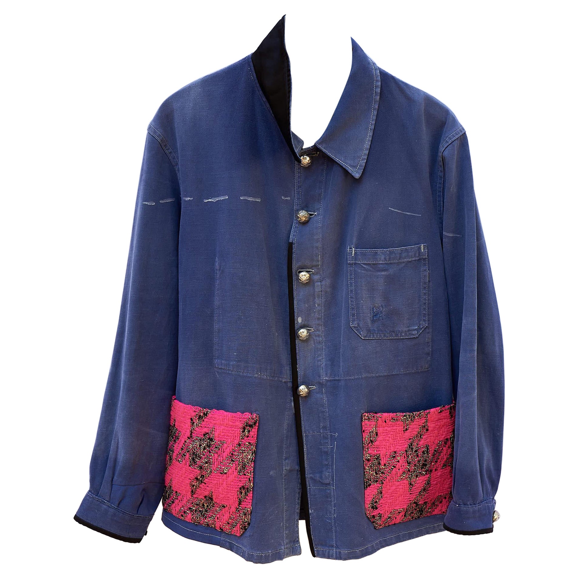 Jacket Cotton Blue Designer Neon Pink Tweed Distressed French Work Wear For Sale