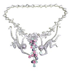 Vintage Opulent Jewel Encrusted Sterling Articulated Monkey Choker Necklace 21st c