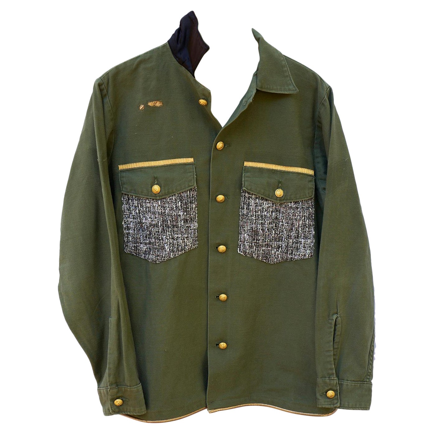 Green Cotton Military Jacket Embellished Designer Tweed Sequin Lurex J Dauphin