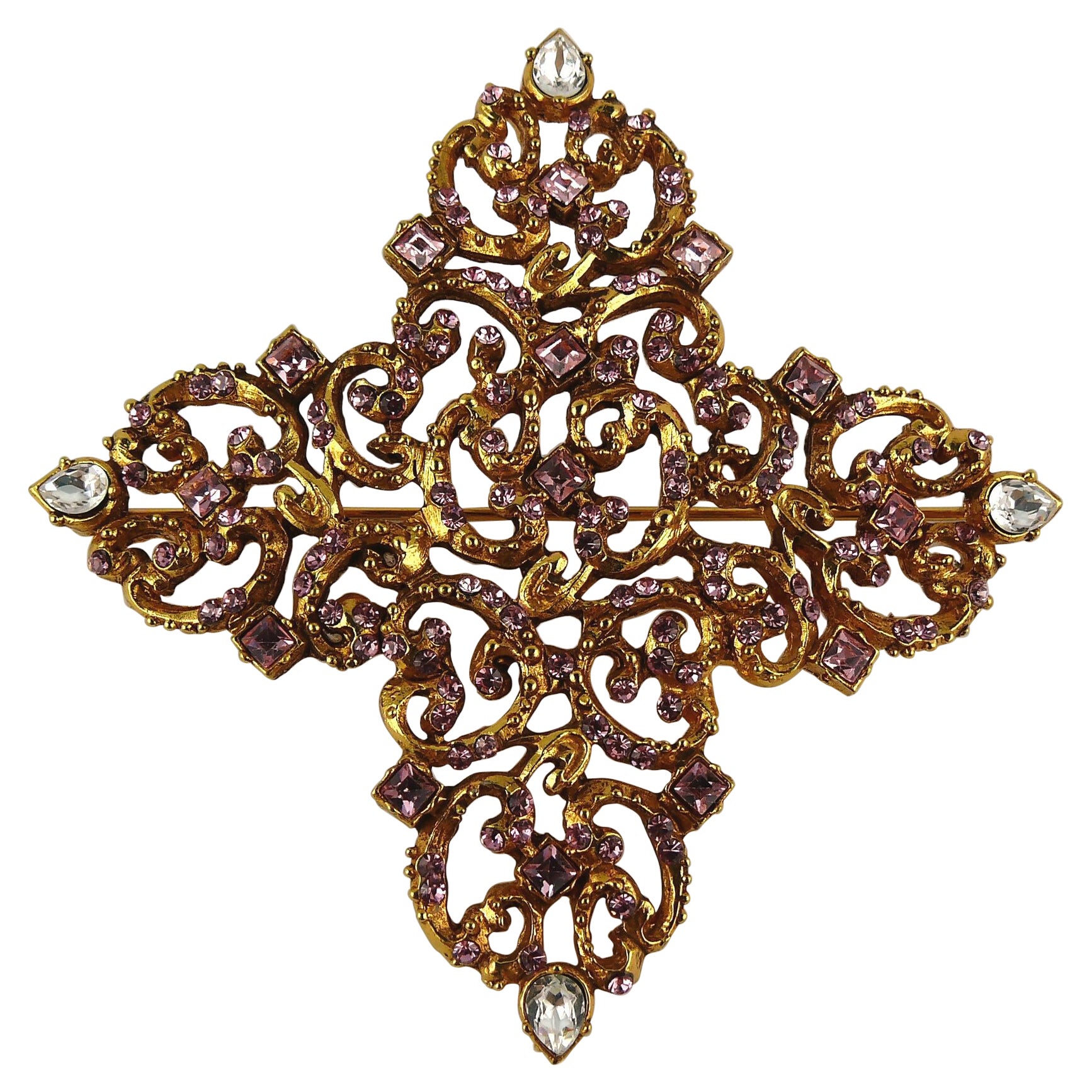 Christian Lacroix Vintage Massive Gold Toned Baroque Jewelled Cross Brooch For Sale