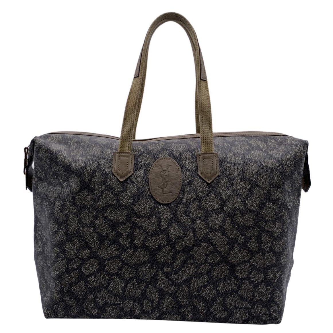 Authentic Yves Saint Laurent Vintage Giraffe Print Canvas Tote Satchel Bag