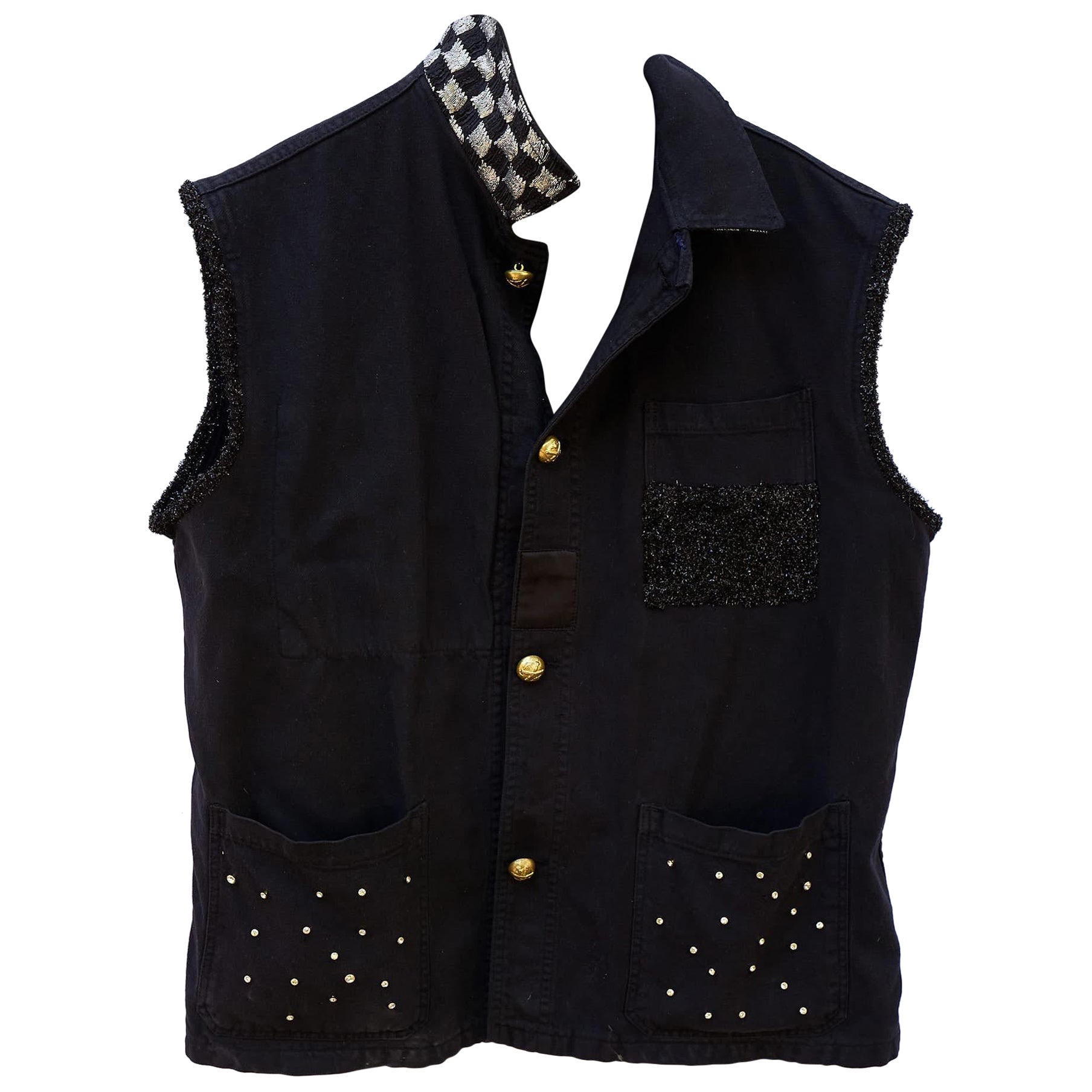 Sleeveless Jacket Vest Black Crystal Embellished Gold Buttons J Dauphin