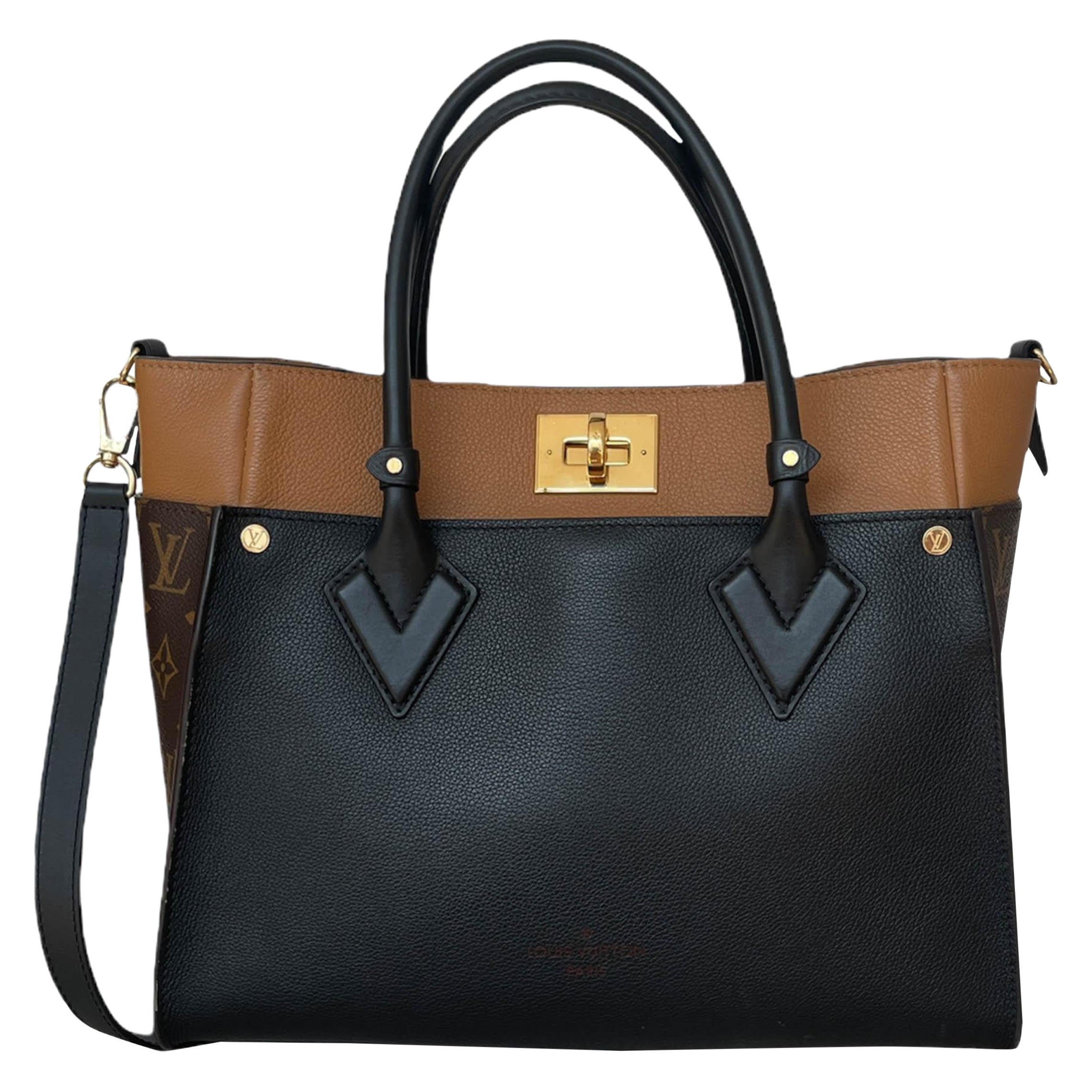 Louis Vuitton Black Calfskin Leather & Monogram On My Side Tote Bag w. Strap