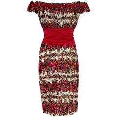 1950's Peggy Hunt Magenta Roses Floral Pleated Cotton Off-Shoulder Wiggle Dress