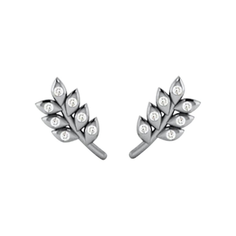 Wheat Sheaf Stud Earrings in Rhodium Plated Sterling Silver with Diamonds For Sale