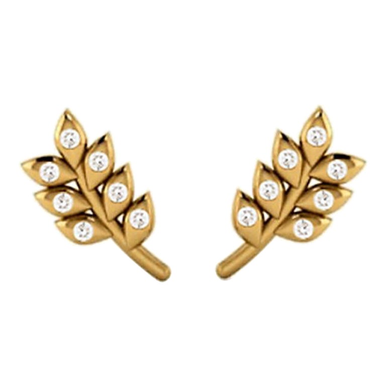 Wheat Sheaf Stud Earrings in 18K Yellow Gold Vermeil with Diamonds For Sale