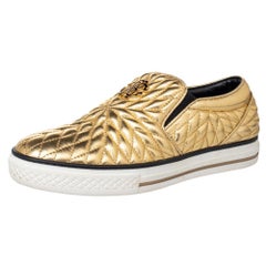 Roberto Cavalli Gold Quilted Leather Logo Embellished Slip On Sneakers Size 38