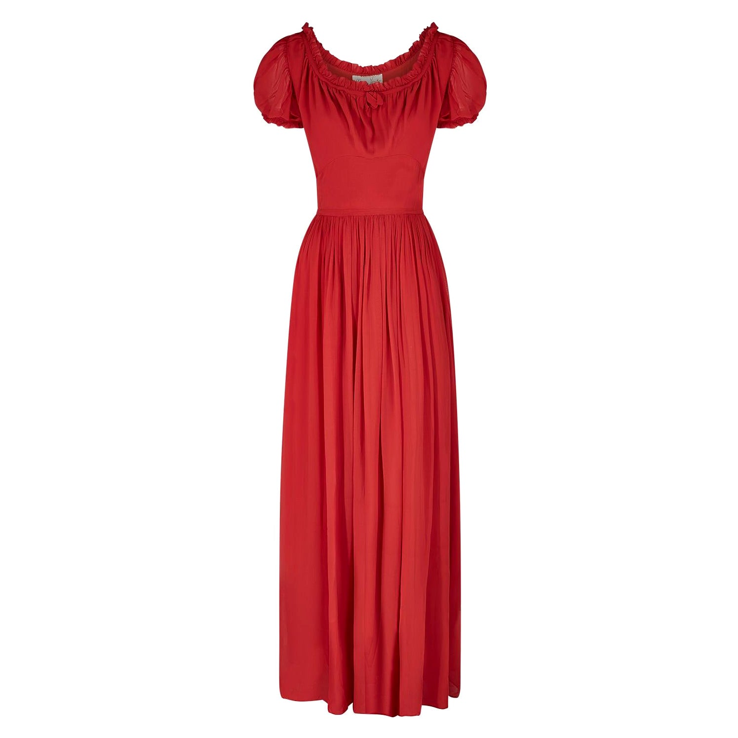 1940s Norman Young Red Georgette Maxi Dress For Sale