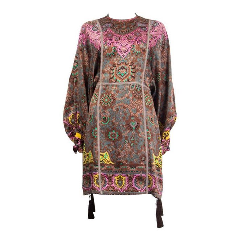 ETRO brown pink silk PAISLEY BATWING Long Sleeve Shift Dress 42 M For Sale