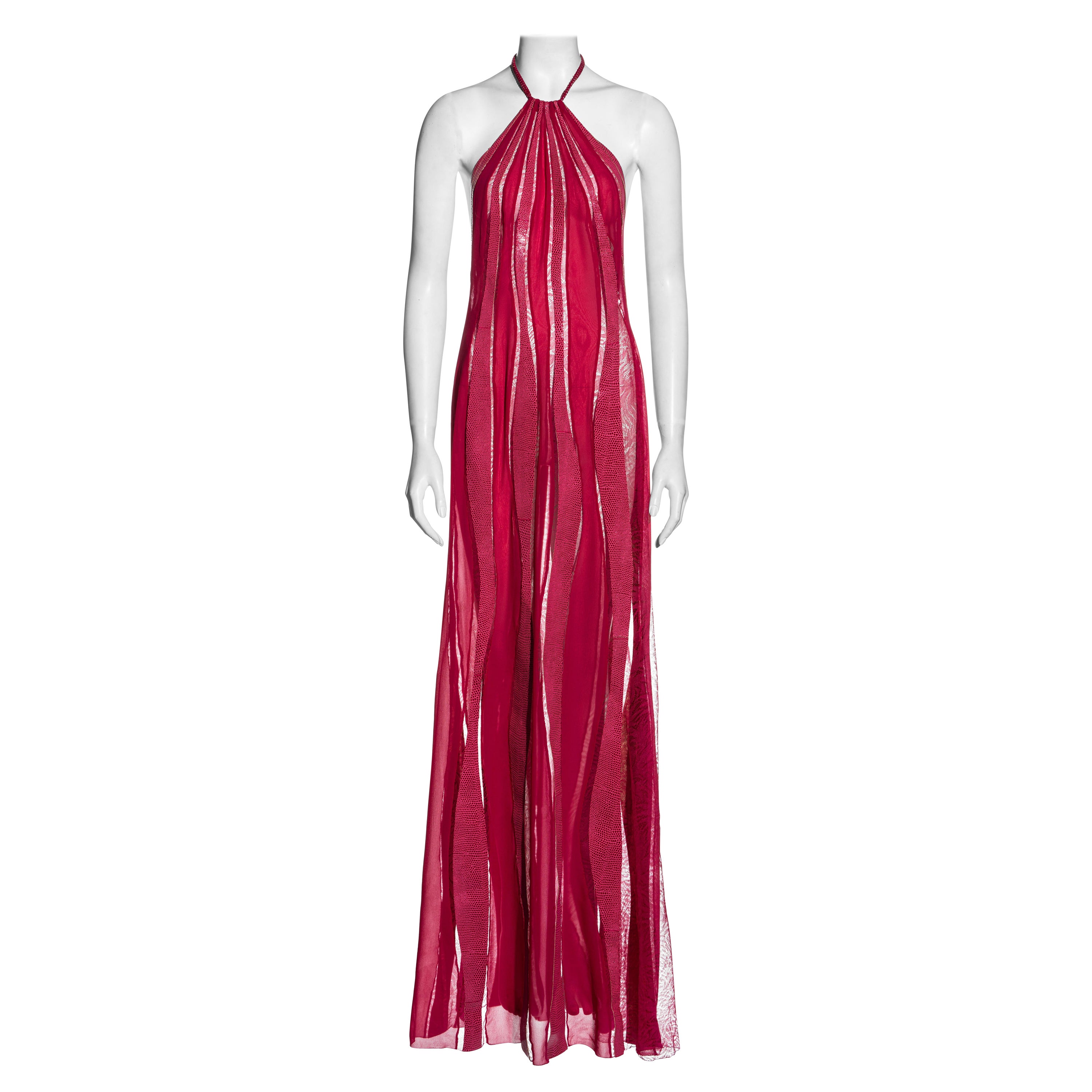 Gianni Versace pink silk, leather and lace halter neck maxi dress, fw 2000