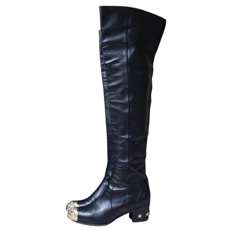 Chanel Black Leather Paris Dallas Metal Cap Toe Thigh High Boots