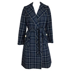 Vintage Adele Simpson 1960s Navy & White Wool Plaid  Wrap Coat