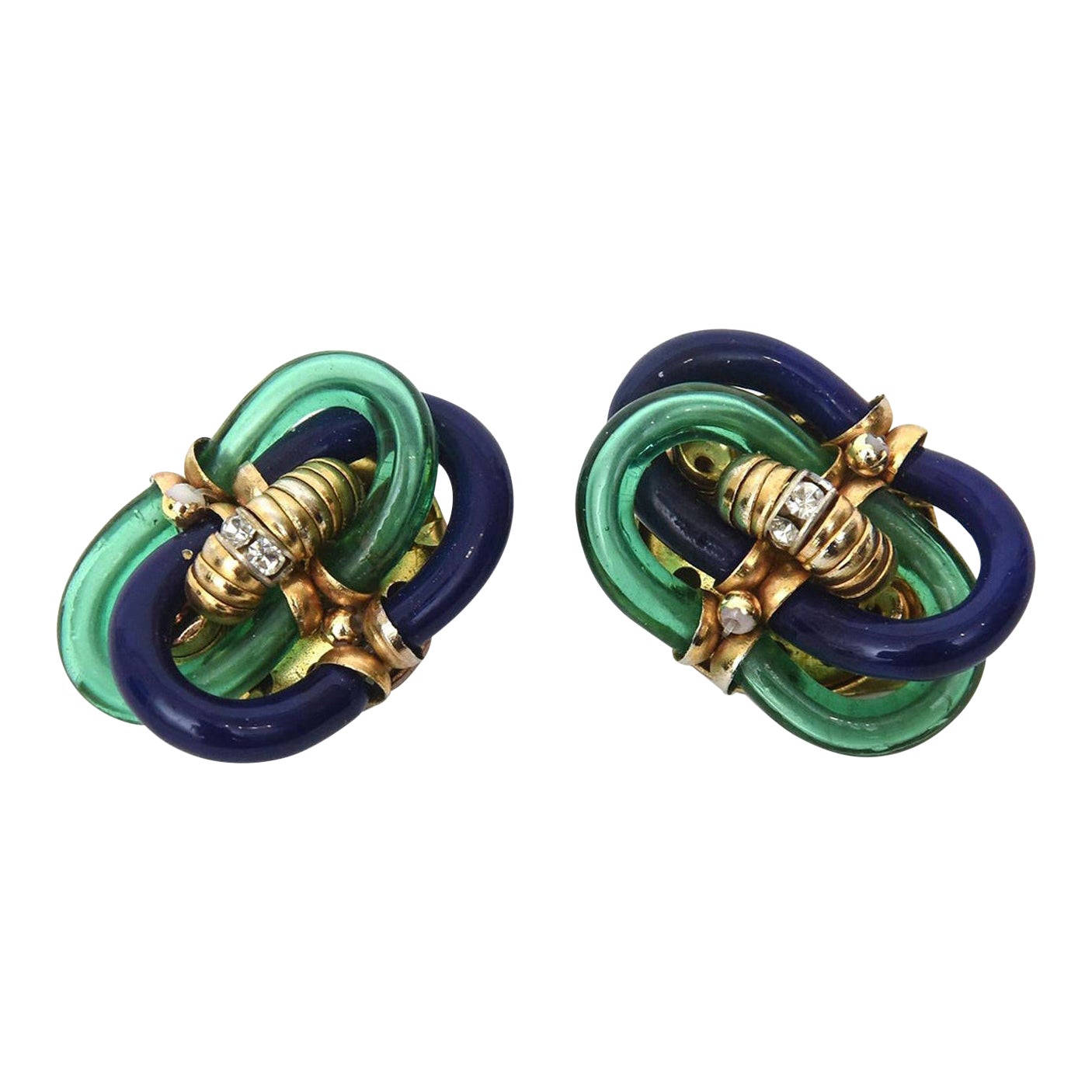 Seguso For Chanel Twisted Blue and Green Glass, Rhinestone Clip On Earrings  For Sale