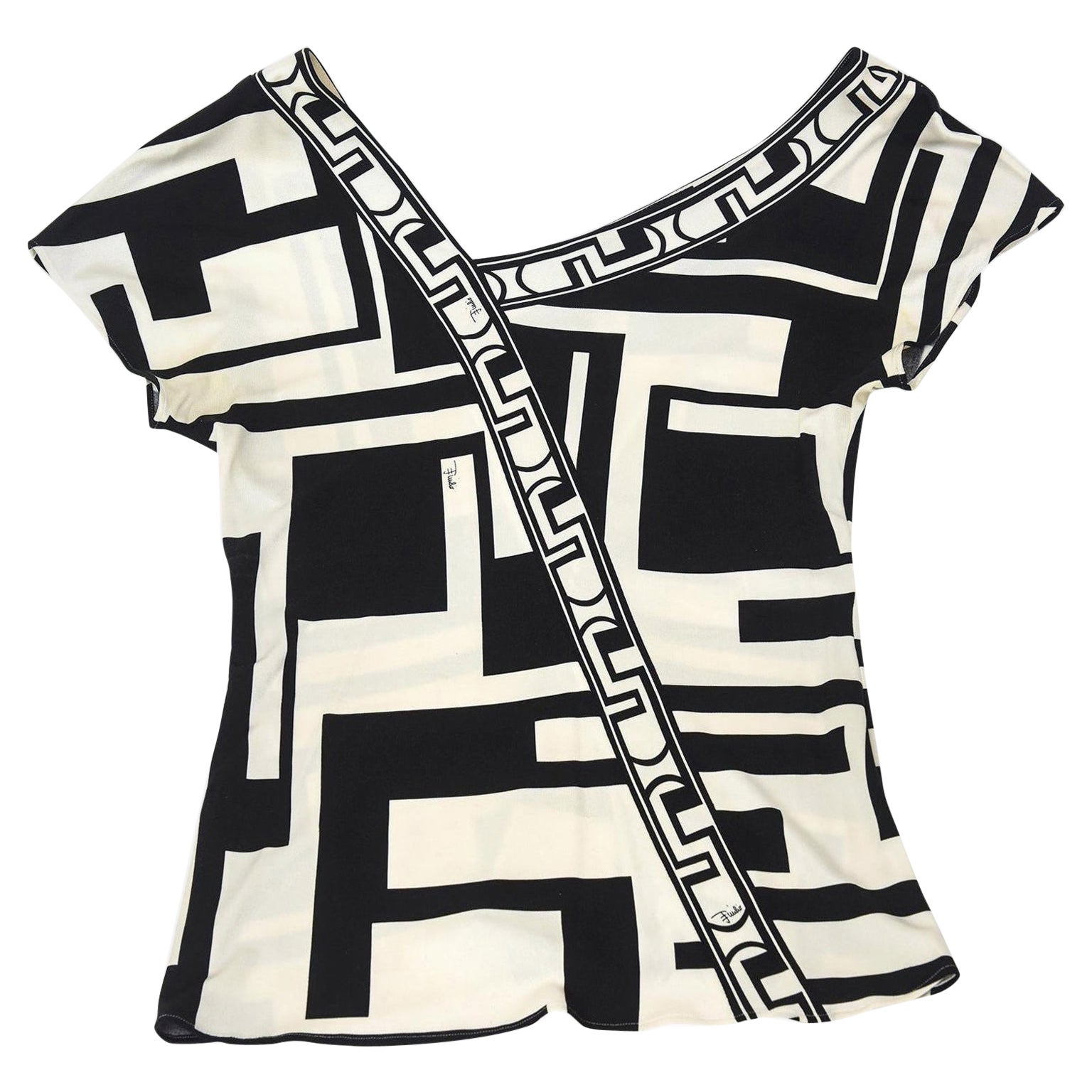 Pucci Geometric Black and Off White Silk Graphic Top Vintage