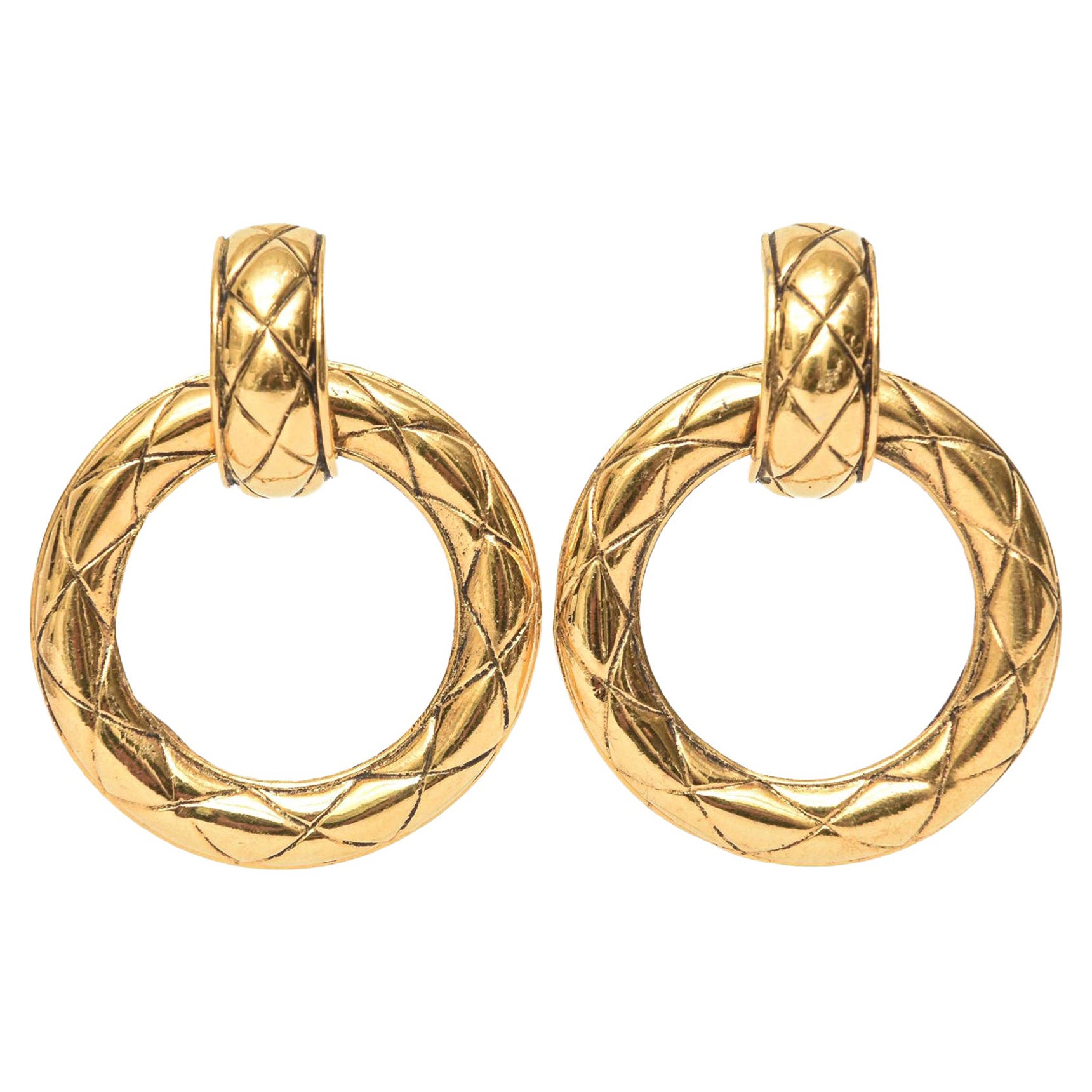Chanel Quilted Gold Plated Door Knocker Clip On Earrings Pair Of 80's