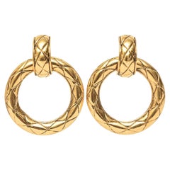 Vintage Chanel Quilted Gold Plated Door Knocker Clip On Earrings 80's