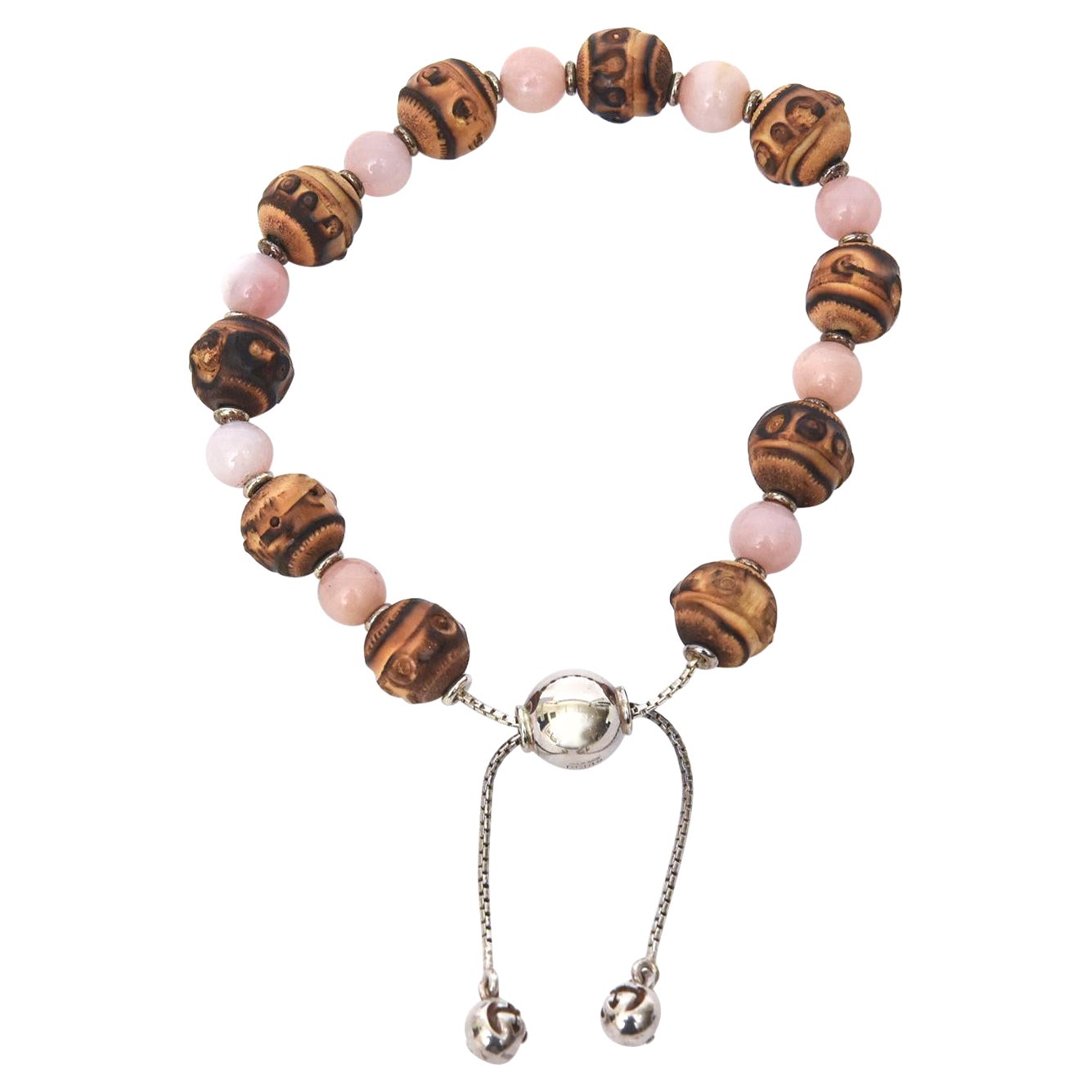  Gucci Bracelet coulissant vintage en argent sterling, quartz rose et perles de pierres brunes