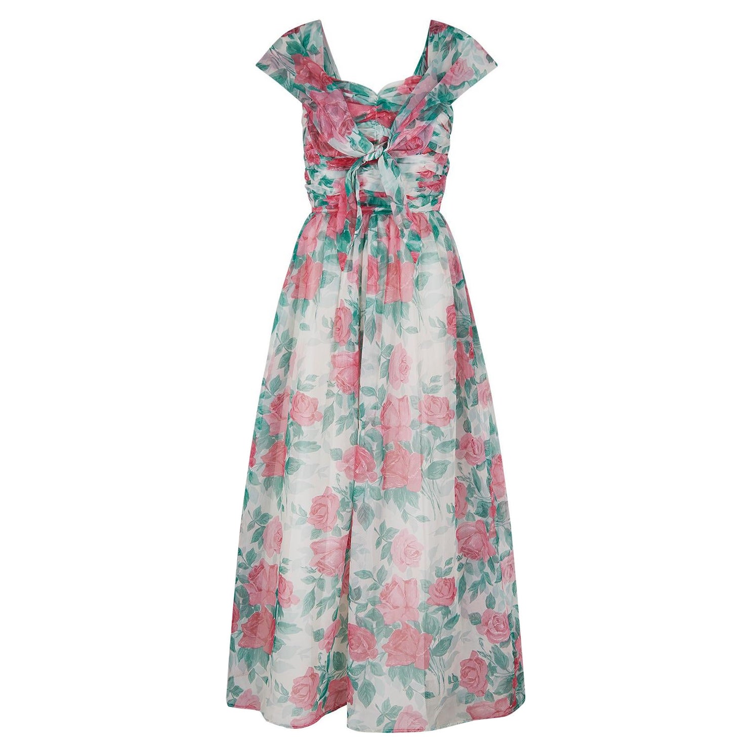 1950s Jenners Rose Print Organza Maxi Dress For Sale