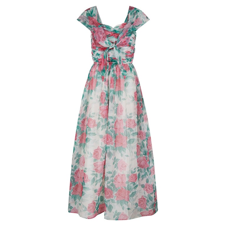 1950s Jenners Rose Print Organza Maxi Dress For Sale at 1stDibs