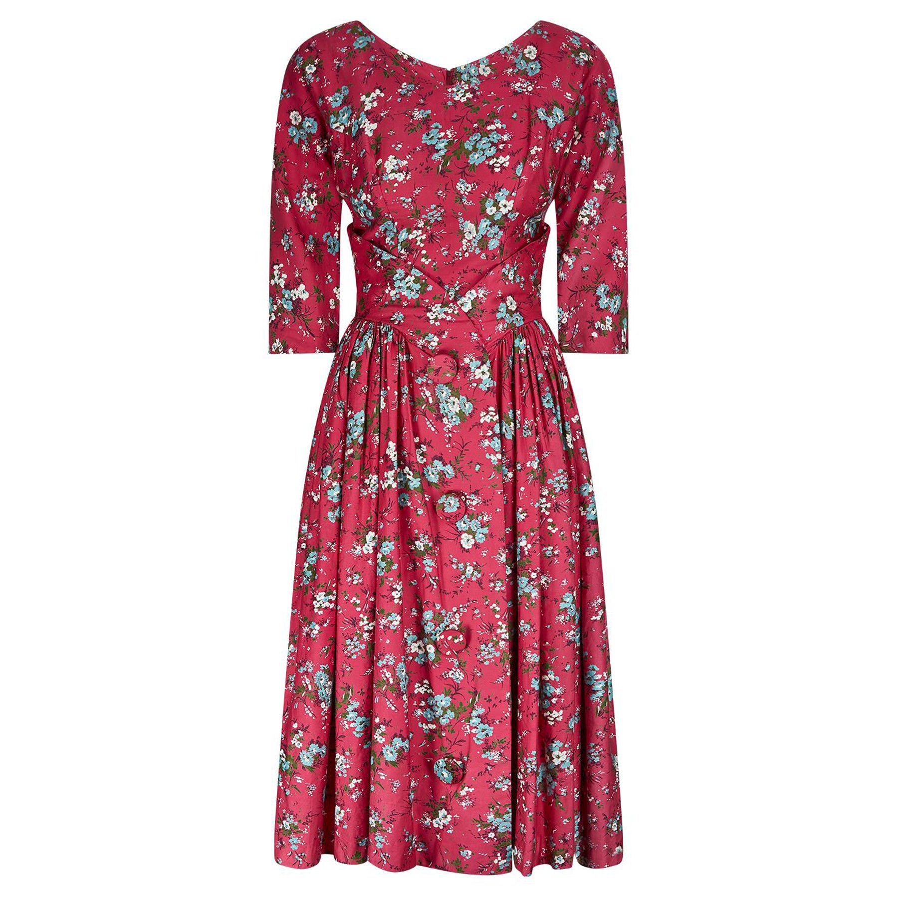 1950s Melbray Floral Print Cotton Dress For Sale