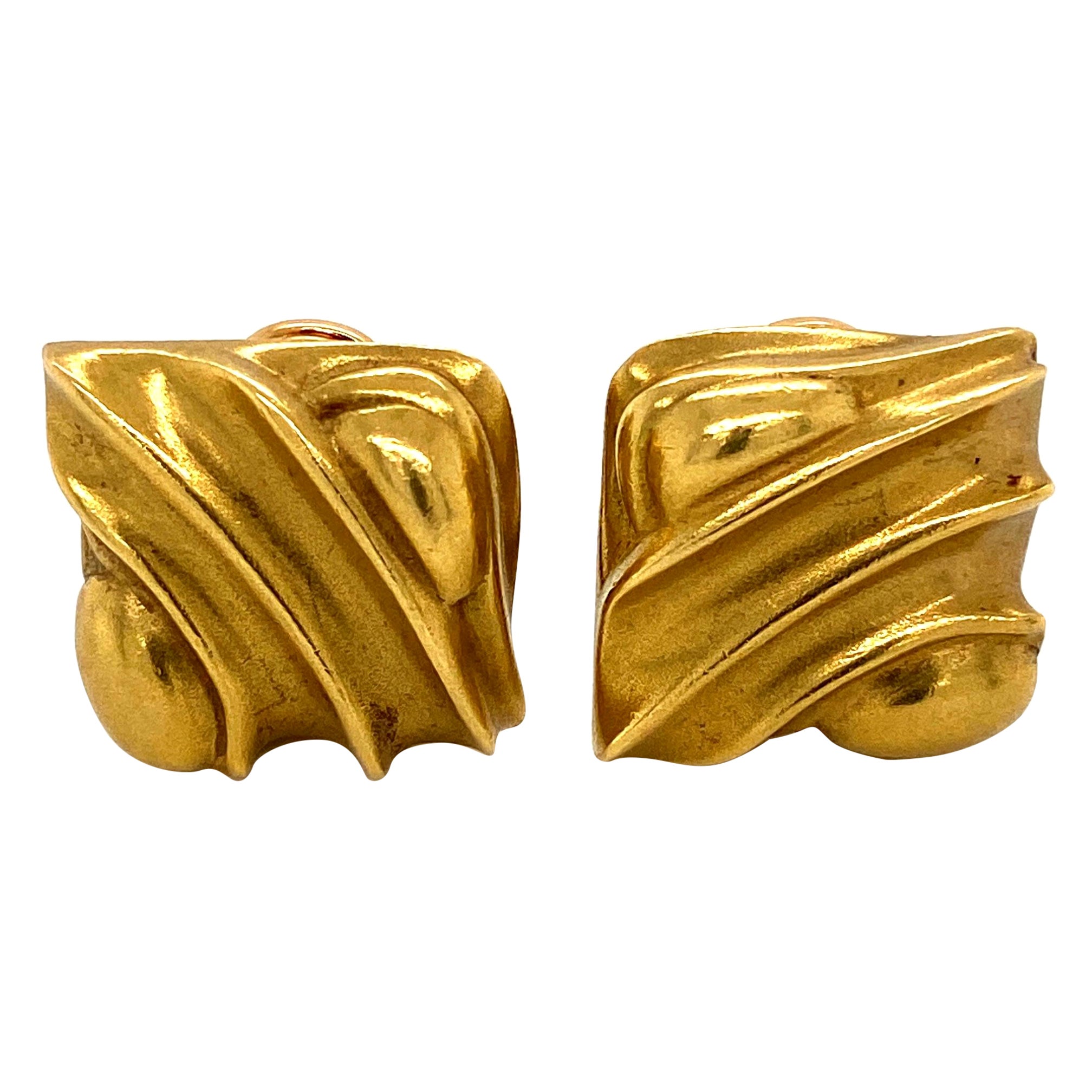 BARRY KIESELSTEIN CORD Signed Square Wave Designer Gold Clip-on Earrings