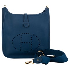 New in Box Hermes Evelyne PM Blue Nuit Gold Bag