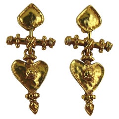 Christian Lacroix Vintage Gold Toned Cross Heart Dangling Earrings