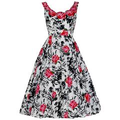 1950's Ceil Chapman Pink Roses Floral Print Cotton Applique Circle-Skirt Dress