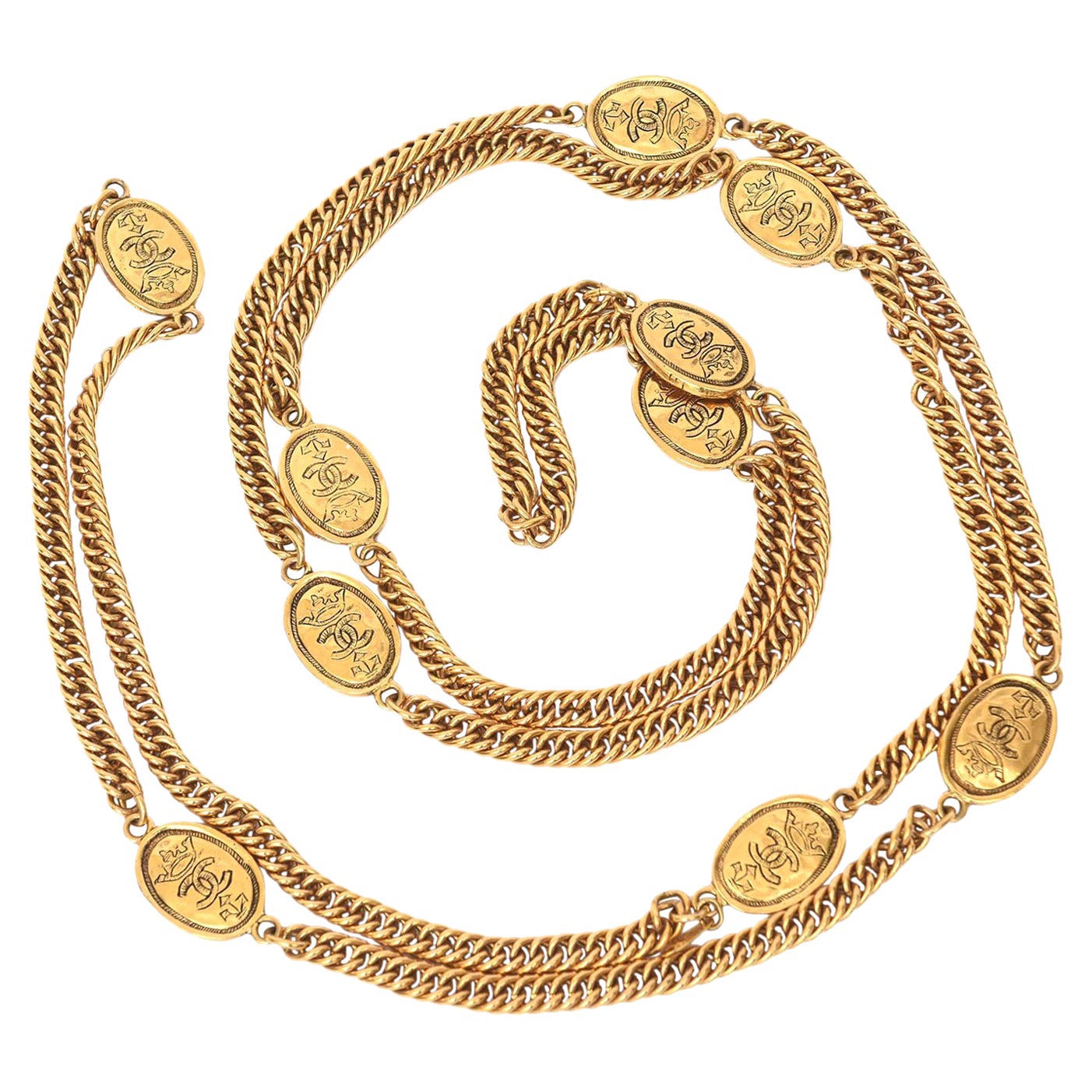 Chanel Vintage Gold Plated Chain Wrap Necklace With Royal Medallions 