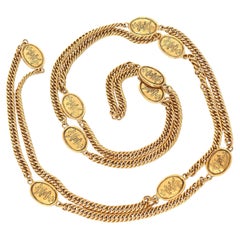 Chanel Vintage Gold Plated Chain Wrap Necklace With Royal Medallions 