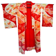 Japanese Vintage Red Waves Silk Crepe Furisode Kimono with gold embroidery