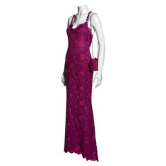 Vintage Atelier Versace Haute Couture magenta pink lace evening dress and purse, ss 1996