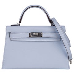 Hermes Kelly 20 Mini Sellier Bag Bleu Brume Epsom Leather Palladium Hardware